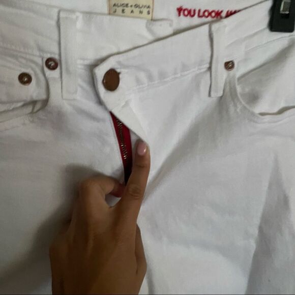 ALICE + OLIVIA JEANS Amazing Asymmetrical Slim Straight Crossover Jeans - Picture 6 of 8